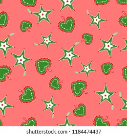 Cute, bright and colorful hand drawn Christmas hearts seamless pattern vector