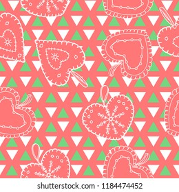 Cute, bright and colorful hand drawn Christmas hearts seamless pattern vector