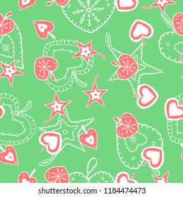 Cute, bright and colorful hand drawn Christmas hearts seamless pattern vector