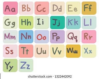 cute  bright colorful handwritten English alphabet both uppercase and lowercase. each pair of alphabet is separated in colorful square.