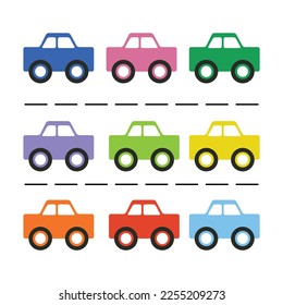 Cute bright colors flat retro isolated set of classic kids car toys in rows poster on white background