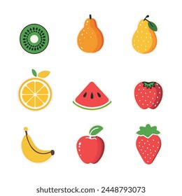 Cute bright colors fruit vector collections. Set of fruits: kiwi, apple, watermelon, orange, banana, pear, strawberry