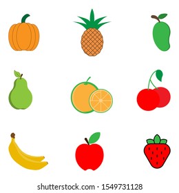 Cute bright colors of fruits vector collections. Set of fruits are pumpkin, apple, mango, banana, orange,  pineapple, grapes, cherries, strawberry, Available in eps10.