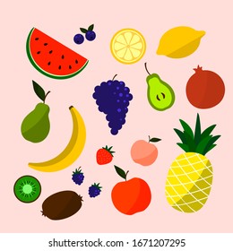 Cute bright colors of fruits vector collections. Vector Colorful Food Set. Fruit icons Summer Collection