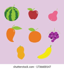 Cute bright colors of fruits vector collections. Set of fruits are apple, banana, orange, grapes, watermelon, 
