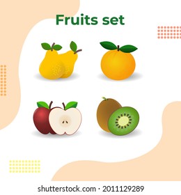Cute bright colors of fruits vector collections. Set of fruits are apple, lemon, banana, orange, pear, pineapple, grapes, cherries, strawberry, and blueberries. Available in eps