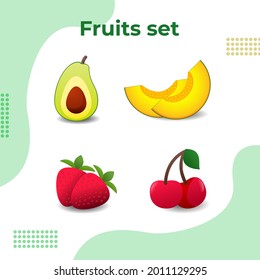 Helle Farben der Früchte, Vektorgrafiken. Obstsorten sind Apfel, Zitrone, Banane, Orange, Birnen, Ananas, Trauben, Kirschen, Erdbeeren und Blaubeeren. Verfügbar in eps