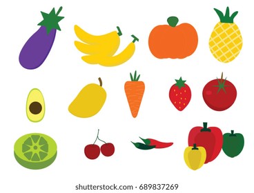 Cute bright colors of fruits vector collections. Set of fruits are eggplant, banana, pumpkin, pineapple, kiwi, cherries, chili peppers, avocado, mango, carrot, tomato, Strawberry