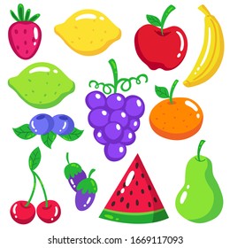 Cute bright colors of shiny fruits vector collection. Apple, lemon, banana, orange, pear, grapes, cherries, strawberry, blueberries in eps10. Shiny fruit graphics, clip art set, drawing, illustration