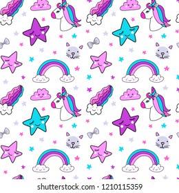 Cute bright colors unicorn and girly elements (stars, rainbow, cats and bows) seamless pattern background.
