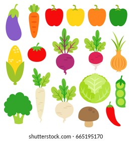 Cute bright colors of vegetables collection in vector EPS 10. Set of veggies are eggplant, carrot, paprika, chili pepper, corn, tomato, radish, beet, broccoli, onion, peas, cabbage, and mushroom.