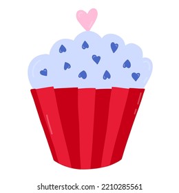 Cute bright cupcake with hearts in the paper mold. Sweet food. Hand drawn vector clipart isolated on background. Concept of love, romance. For Valentine's day card, stickers, social media, scrapbook.