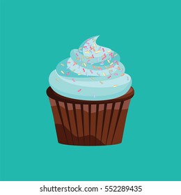 Cute and bright cupcake vector illustrator for banner isolated on turquoise background. Delicious Sweets, Dessert flat style