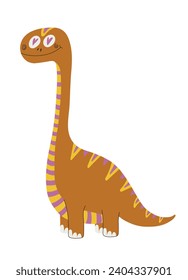 Cute bright dinosaur smiles. Ancient animal in cartoon style isolated on white background. decoration of children's room, objects and textiles. vector illustration. Hand drawing.