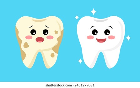 Cute bright and dirty tooth comparison cartoon character. Dental care concept.