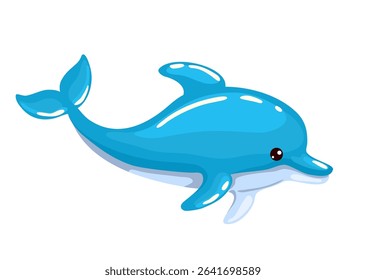 Cute bright dolphin swimming. Vector children's illustration in kawai style. Isolated on a white background. Hand drawing, not AI.
