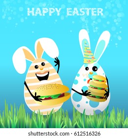 Cute bright easter illustration for your design. Cartoon two funny eggs - rabbits celebrate a holiday on the lawn picnic hamburgers licking the tongue