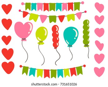 Cute bright elements set with balloons, garlands, hearts isolated on white background. Vector illustration.