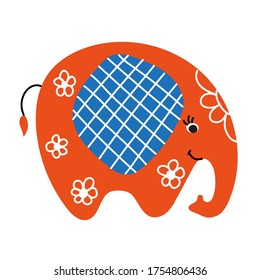 Cute bright elephant. Vector illustration isolated on a white background. Postcard, poster, decoration of a child’s room, printing on textiles.