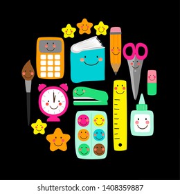 Cute bright eye catching Back to school banner design with colorful funny cartoon characters, education theme background for your decoration