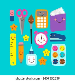 Cute bright eye-catching Back to school banner design with colorful funny cartoon characters, education theme background for your decoration