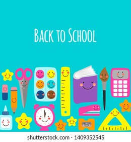 Cute bright eye-catching Back to school banner design with colorful funny cartoon characters, education theme background for your decoration