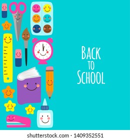 Cute bright eye-catching Back to school banner design with colorful funny cartoon characters, education theme background for your decoration