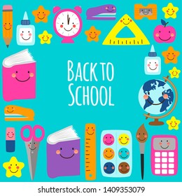 Cute bright eye-catching Back to school frame design with colorful funny cartoon characters, education theme background for your decoration