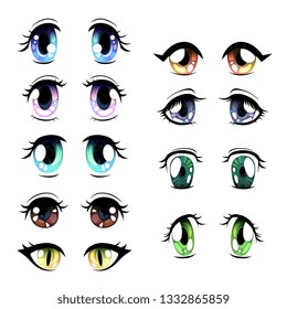 Cute Bright Eyes of Different Colors Set, Beautiful Eyes with Light Reflections Manga Japanese Style Vector Illustration