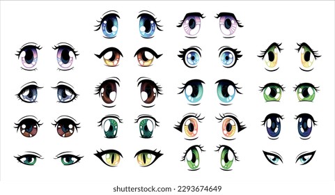 Cute bright eyes of different colors set. Beautiful manga eyes with light reflections vector illustration