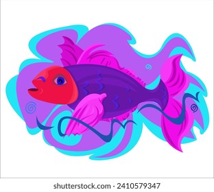 A cute, bright, fantasy fish, swimming in a waves of a sea; vintage background. This cartoon illustration can be used as a logotype for aquarium and zoo shops. Vector, isolated.