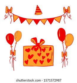 Cute bright festive gift box set decorated with a beautiful bow, balloons, holiday garland Wedding holiday concept, valentines day, new year, birthday. Vector scandinavian style.