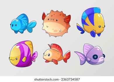 Cute bright fish game cartoon character set. Vector illustration of underwater sea or aquarium creatures. Marine and ocean tropical animals with smiling faces. aquatic saltwater colorful critters.