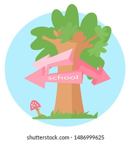 cute bright flat vector illustration of green tree in the forest on grass with mushroom with three pink arrows pointing in different directions. For kids, school, kindergarten, party decoration, fairs