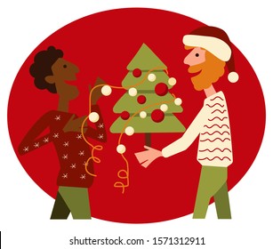 Cute bright flat vector  illustration of two lgbt gay men boyfriends celebrating merry Christmas and happy new year with festive tree decorated with serpentine and glass balls and lights