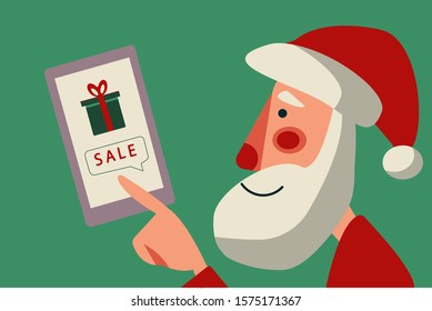 Cute bright flat vector illustration of Santa Clause with a phone text of sales and special New Year and Christmas shopping discount offers