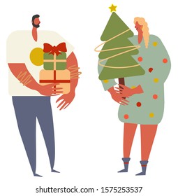 Cute bright flat vector illustration of a young happy couple with christmas tree and gifts on Christmas or New year eve 