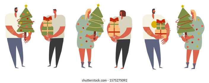 Cute bright flat vector illustration of group of young people straight and lgbtq+ couples, family and friends with christmas tree and gifts on Christmas or New year celebration or shopping sales