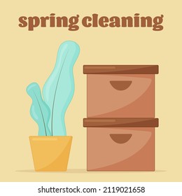 cute bright flat vector illustration about spring cleaning in house with boxes and houseplant