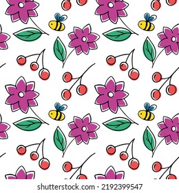 Cute bright flowers, bees and berries. Seamless pattern. Can be used for web page background fill, surface texture