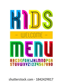 Cute bright font, alphabet in the cartoon style, multicolored bright letters and numbers, vector illustration