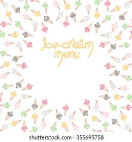 Cute bright frame pattern with different ice-cream silhouette isolated on the white (transparent) background. Vector illustration eps