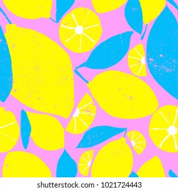 Cute bright and fun summer seamless pattern. Fresh lemon graphic drawing. Modern and trendy mix of colors pink, yellow and blue. Grunge texture illustration.