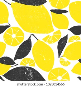 Cute bright and fun summer seamless pattern. Fresh lemon graphic drawing. Modern and trendy mix of colors yellow and black. Grunge texture illustration.