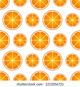 Cute bright and fun summer seamless pattern. Fresh oranges isolated on white. Bright slice of tasty citrus fruits.  Graphic drawing. Modern and trendy mix of colors. Texture illustration.
