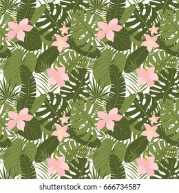 Cute bright and fun summer seamless pattern. Tropical leaves and bananas. Vector illustration