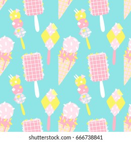 Cute bright and fun summer seamless pattern. Pink yellow and blue different ice cream in simple kids style.