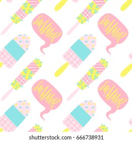 Cute bright and fun summer seamless pattern. Pink yellow and blue different ice cream in simple kids style.