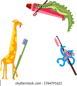 Cute bright funny illustration of jungle animals with toothbrushes and tooth paste. Kids and young children design for hygiene and teeth cleaning and brushing. Bathroom and dentist health illustration