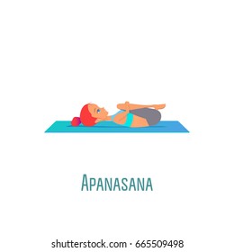 Cute bright girl performs yoga asana Apanasana (Pose liberation wind) on rug on an isolated white background